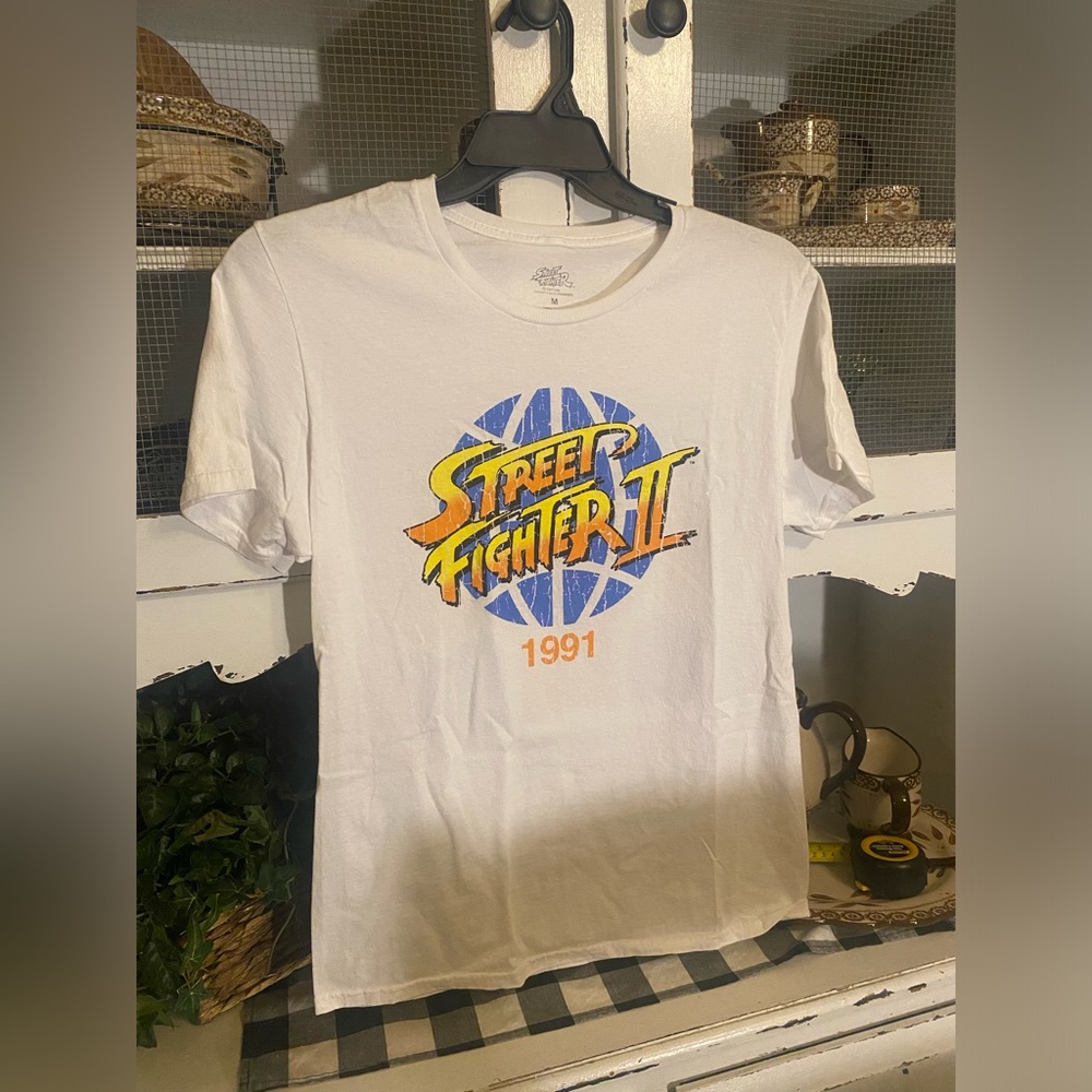 Street Fighter II T-Shirt Men's Large White Graphic Double-Sided Japan